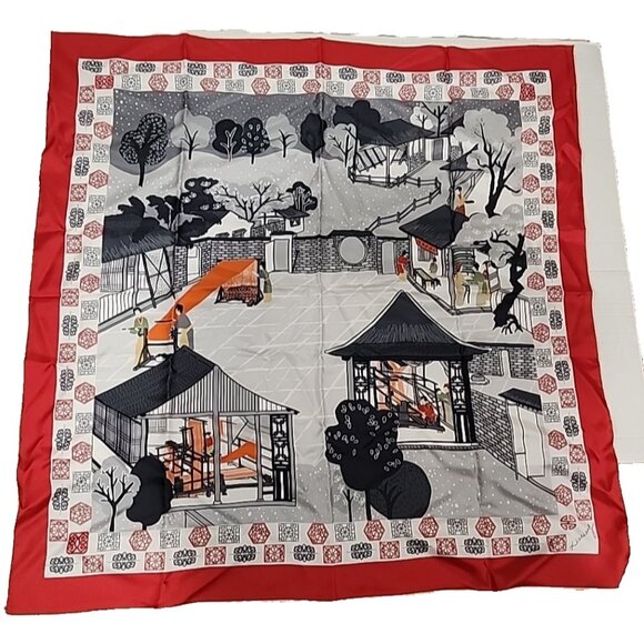 new RARE Chinese SILK SCARF Sizhou China scene with gift box 33" square size - Picture 2 of 9